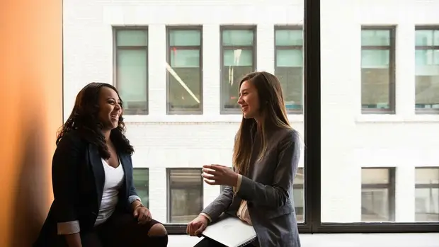 Two professionals seated by an office window in conversation, reviewing a laptop
